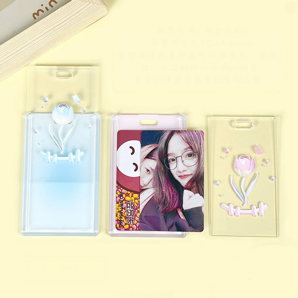 Cartoon Tulip Photocard Holder Flower Keychain Transparent InsStudents Card Protectors Lanyard Card Case Acrylic Card Holder