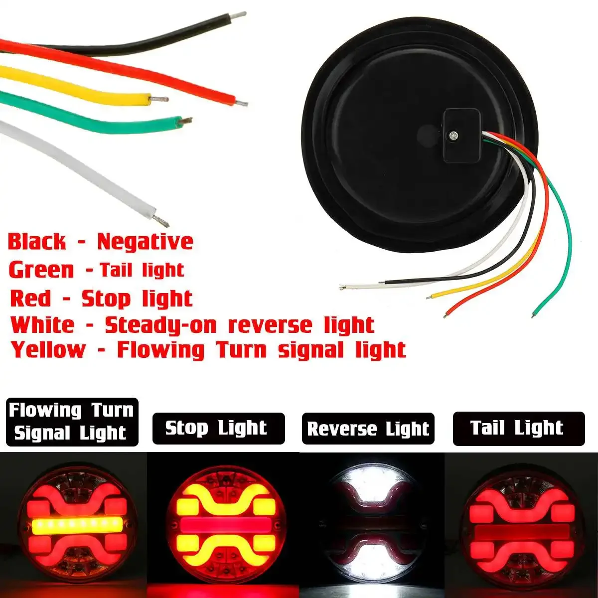 Round LED 5 Inch Truck Taillight 4in1 Dynamic Tail Trun Signal Reverse Lamp Rear Brake Stop Light For Car Trailer Lorry RV Bus