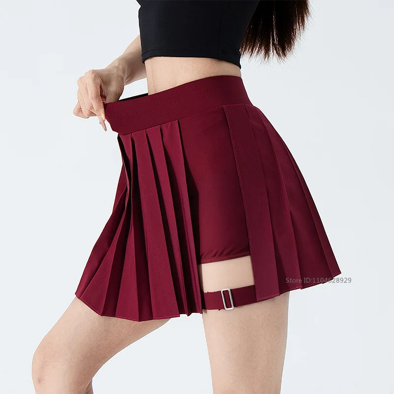 Women Punk Style Tennis Sports Skirts Ladies High Waist Buckle Golf Skirts Ladies A-lined Slim Pleated Pantskirt Running Wear
