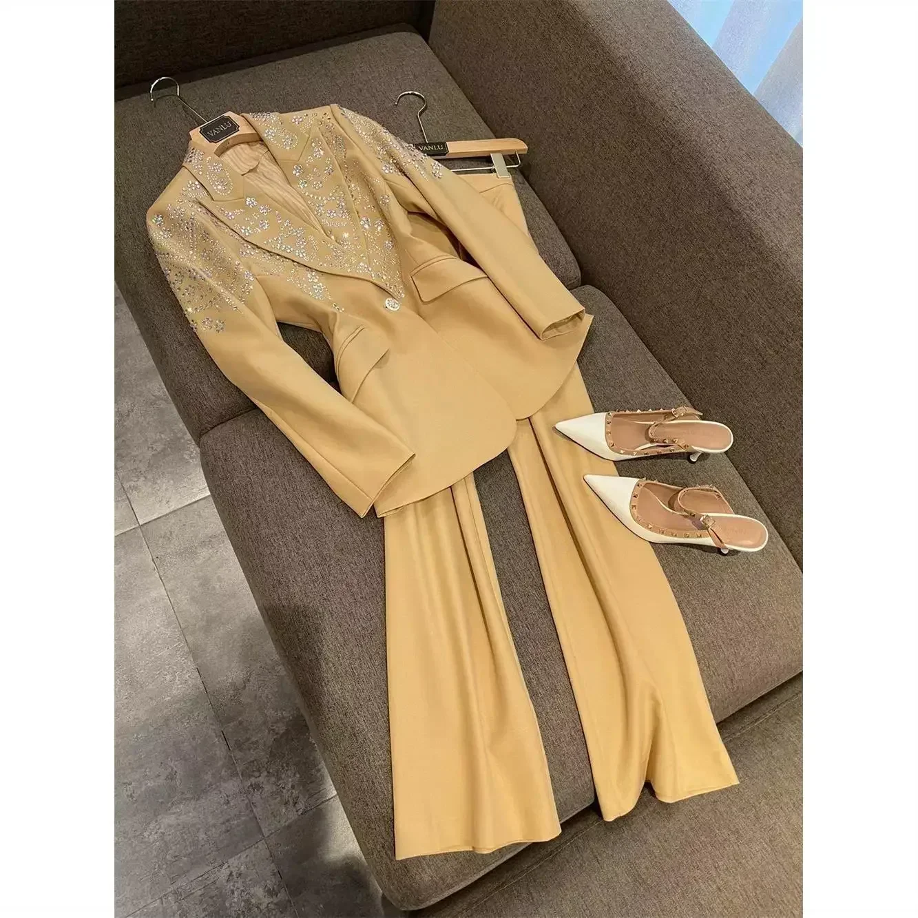 Luxury Rhinestone Beaded Turn Down Collar Blazers Coat OL Slim Waist Diamonds Suit Cardigan Beaded Tops+Wide Legs Pants 2pcs Set