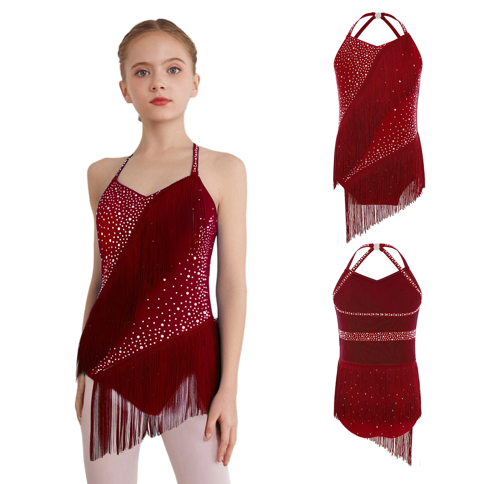 Bodysuit Rumbai Berlian Imitasi Punggung Terbuka Kerah V Halter Tanpa Lengan Leotard Tari Latin Anak Perempuan untuk Pertunjukan Figure Skating