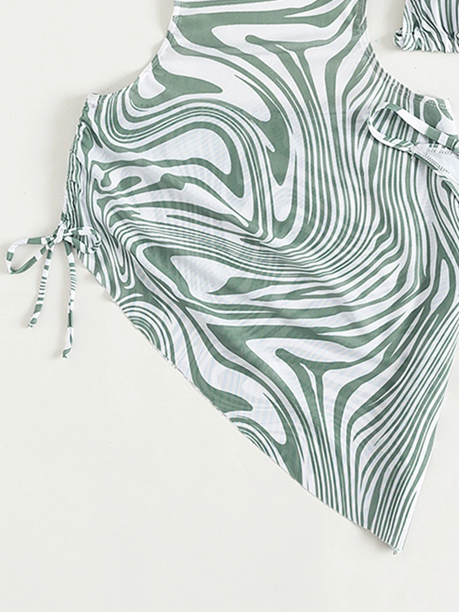 3-teiliger Streifendruck-Halter-Bikini 2023 Badeanzug Damen Cover Up Bademode Damen Cut Out Beachwear Badegäste Baden Badeanzug