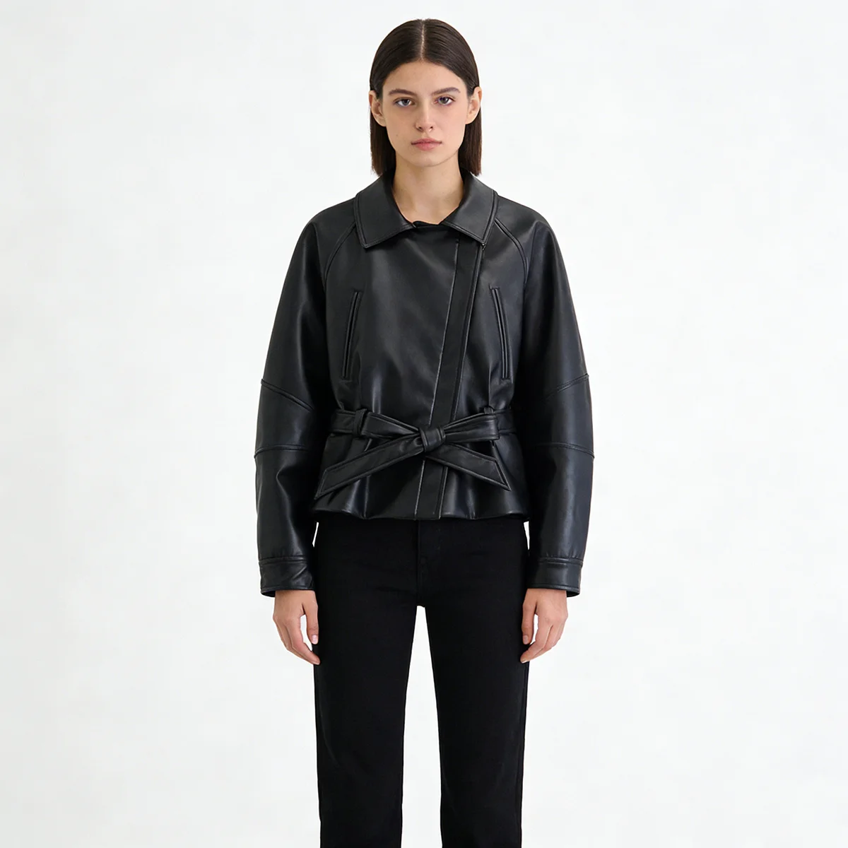 여성 패션 블랙 짧은 인조 가죽 트렌치 코트 긴 소매 라펠 재킷 벨트 포함 빈티지 여성용 오토바이 재킷 아우터