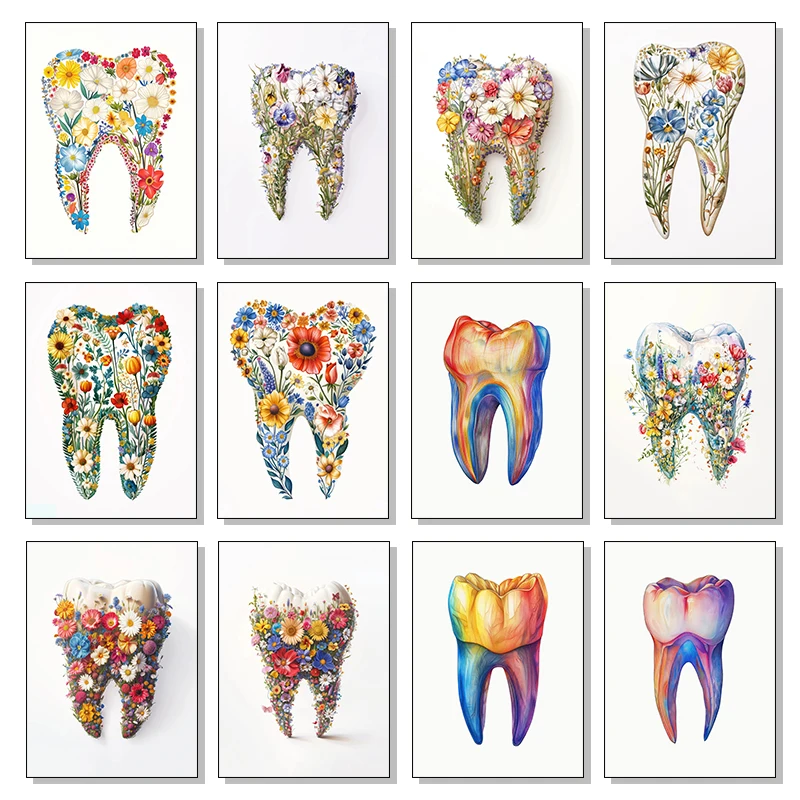 Colorful Flowers Tooth Drawing Posters and Prints Canvas Printing Modern Wall Art Picture for Dental Clinic Home Room Decoration