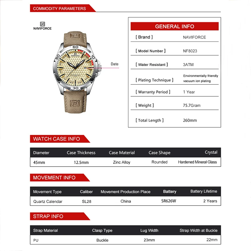 ساعة يد NAVIFORCE للرجال كاجوال رياضية كلاسيكية كوارتز بتقويم للرجال من الجلد مقاومة للماء ساعة رجالية Relogio Masculino