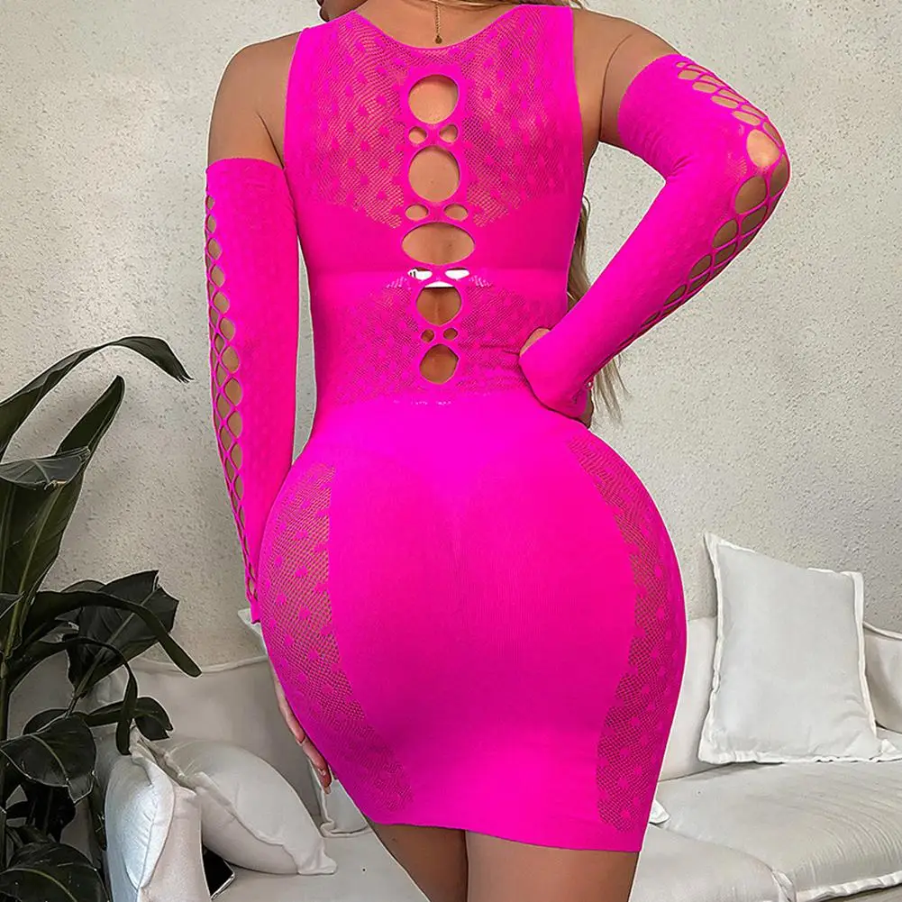 See Through Women's Short Dresses Lingerie Hollow Out Sexy Hot Stretch Bodycon Erotic Dress And 2pcs Arm Sleeves