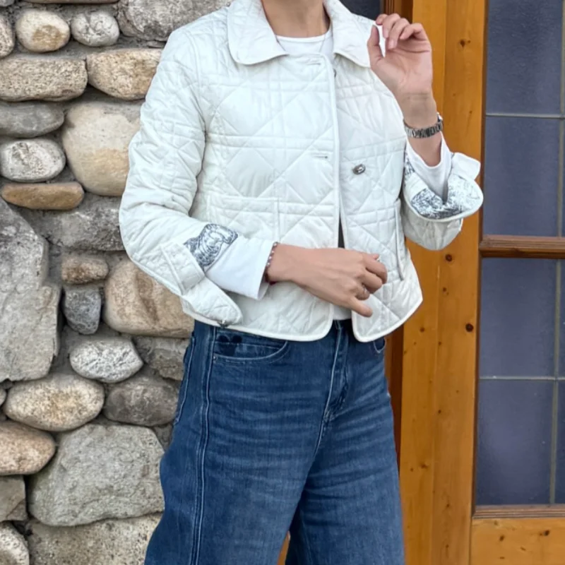 Chic  Collar Jacket Gold Button Diamond Pattern Cotton Floral Inner Thin Loose Simple Short Cotton Jacket Women's Coat