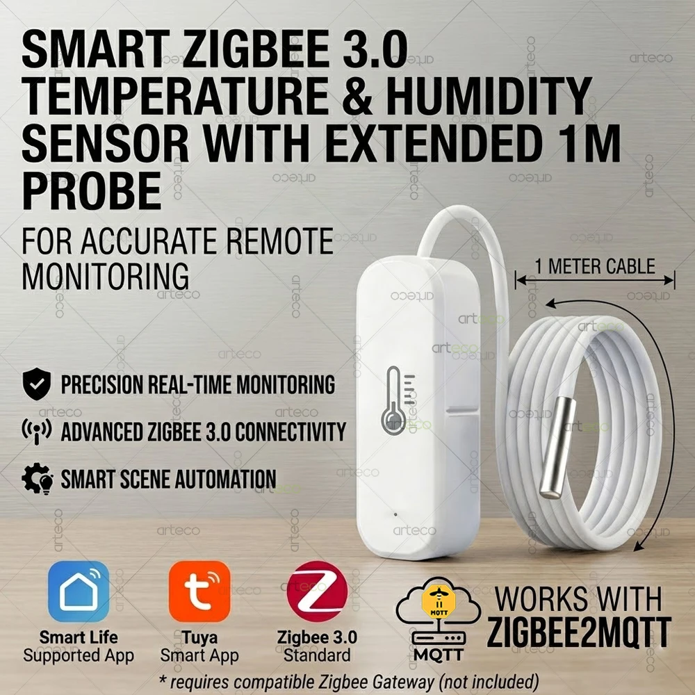 Capteur de température et d'humidité Zigbee avec sonde de 1 m pour réfrigérateur, congélateur, piscine, aquarium, thermomètre liquide, Home Assistant, Zigbee2MQTT, Tuya