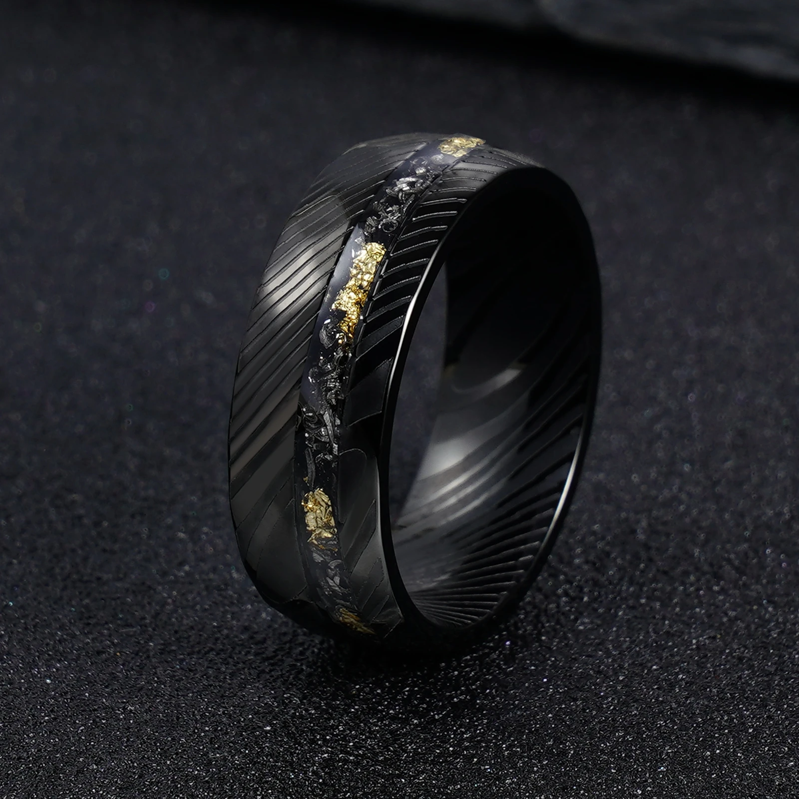 POYA 8mm Black  Stainless Steel Ring Etch Damascus Steel   Meteorite Shaving & Gold Leaf Inlay Promise Gift