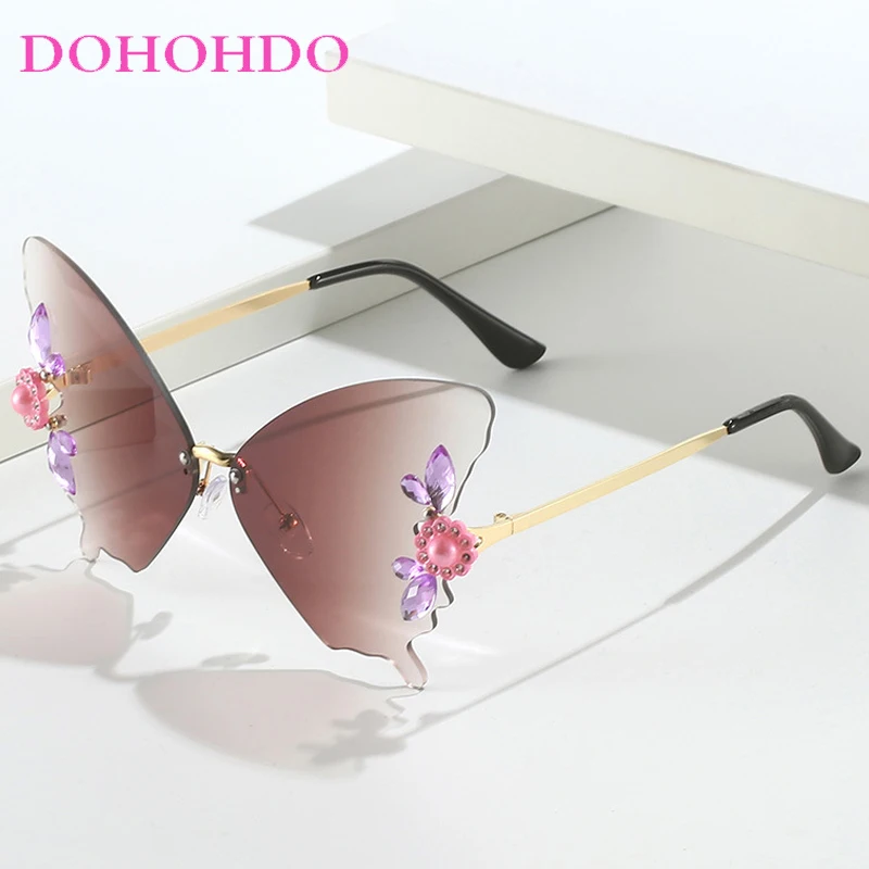 

Metal Rimless Butterfly Imitation Diamond Women's Sunglasses Fashion Designer Men Shades Outdoor Summer Traveling Sunglass UV400