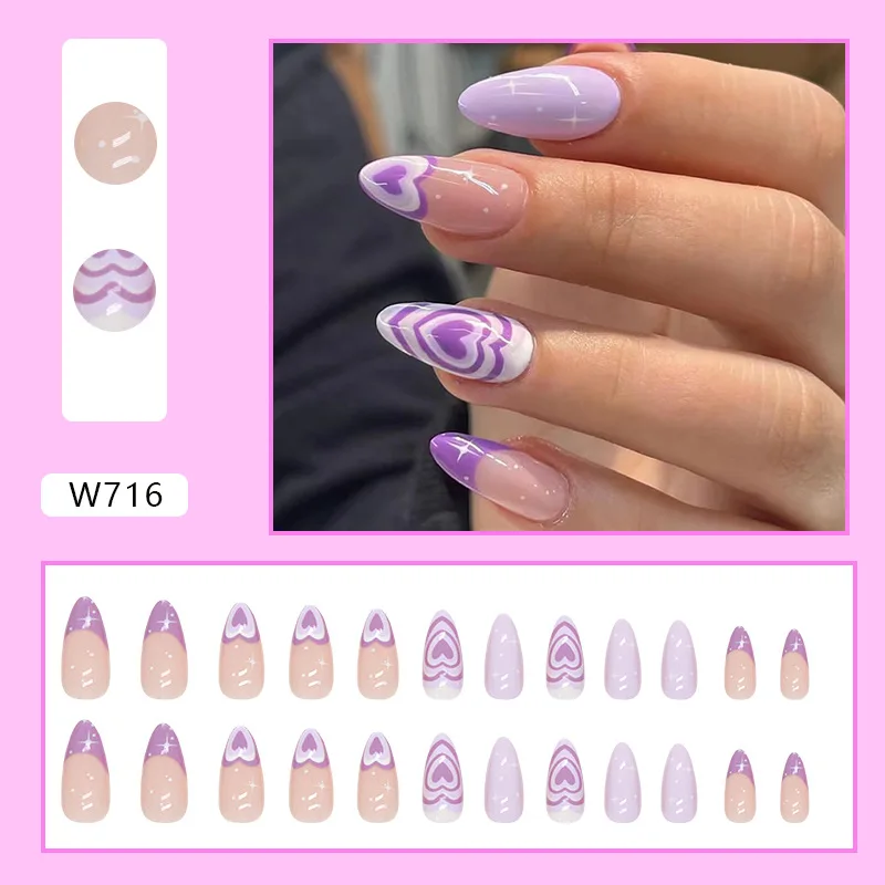 24Pcs/set Long Almond Purple Heart Pattern Full Cover Cheap Fake Nail Set with Glue Press on Nails for Girls Summer Nail Tips