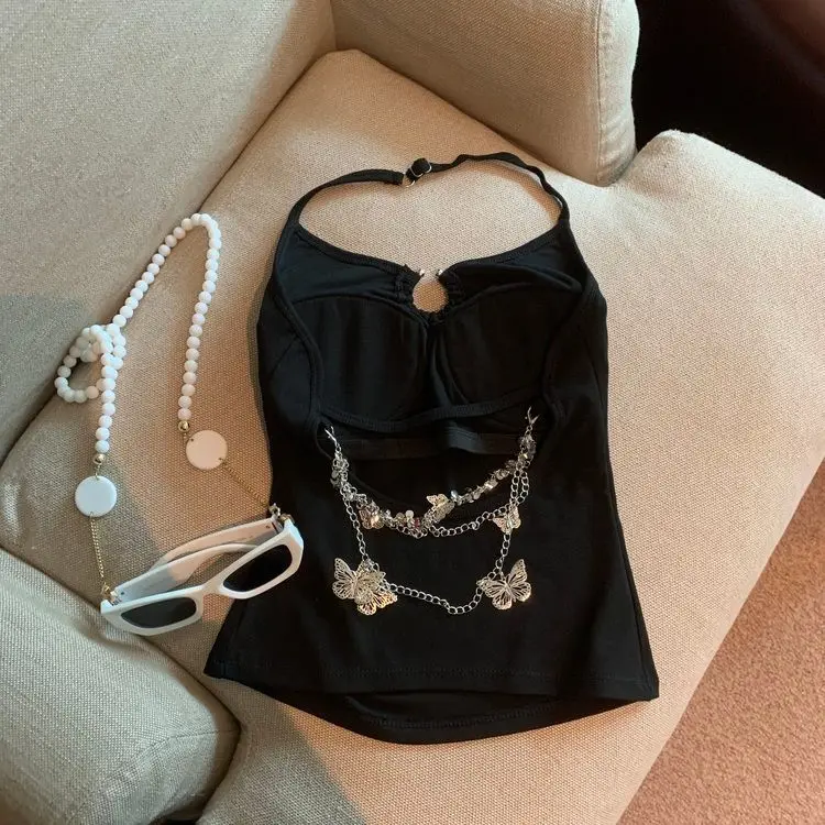 Sexy Sling Vest 2026 Women's Clothing Backless Chain Tunic Tees Crop Tops Ropa Mujer Bandage Fashion Black Tees Summer Y2k Tanks