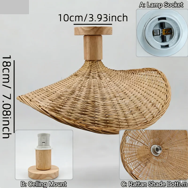 

Minimalist Wood & Bamboo Ceiling Lamp, Hand-Woven Retro Flush Mount Light for Living Room Dining Room