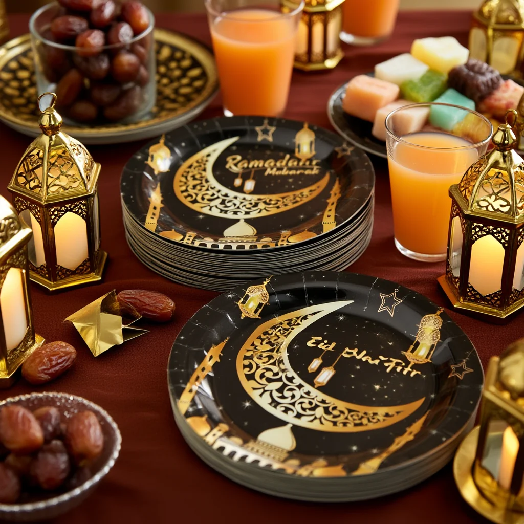 Ramadan Black Gold Crescent Moon Party Supplies Set Disposable Plates Cups Napkins for Iftar Celebration and Eid Decor