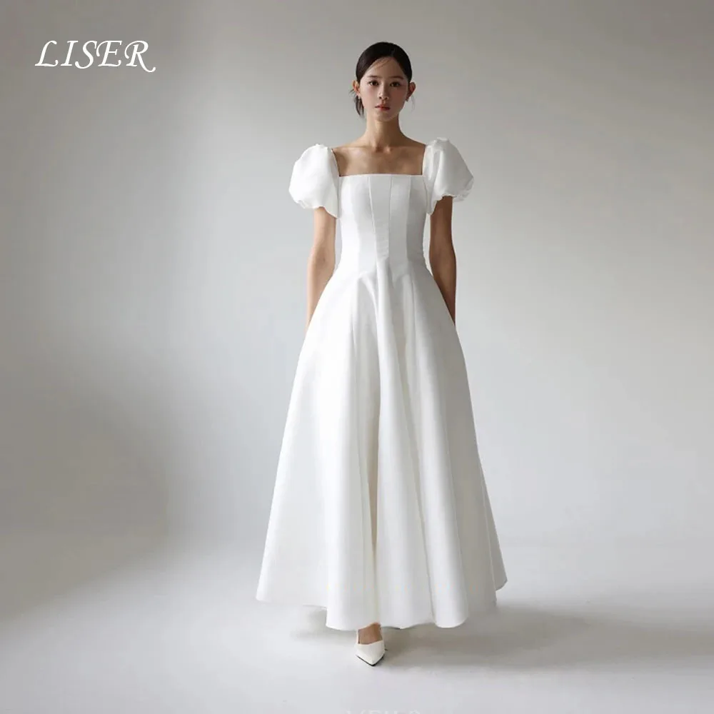 

Liser Customized Square Collar Satin Korean Wedding Party Dresses Short Sleeves Corset Back Photo Shoot Gown Bride Prom Party