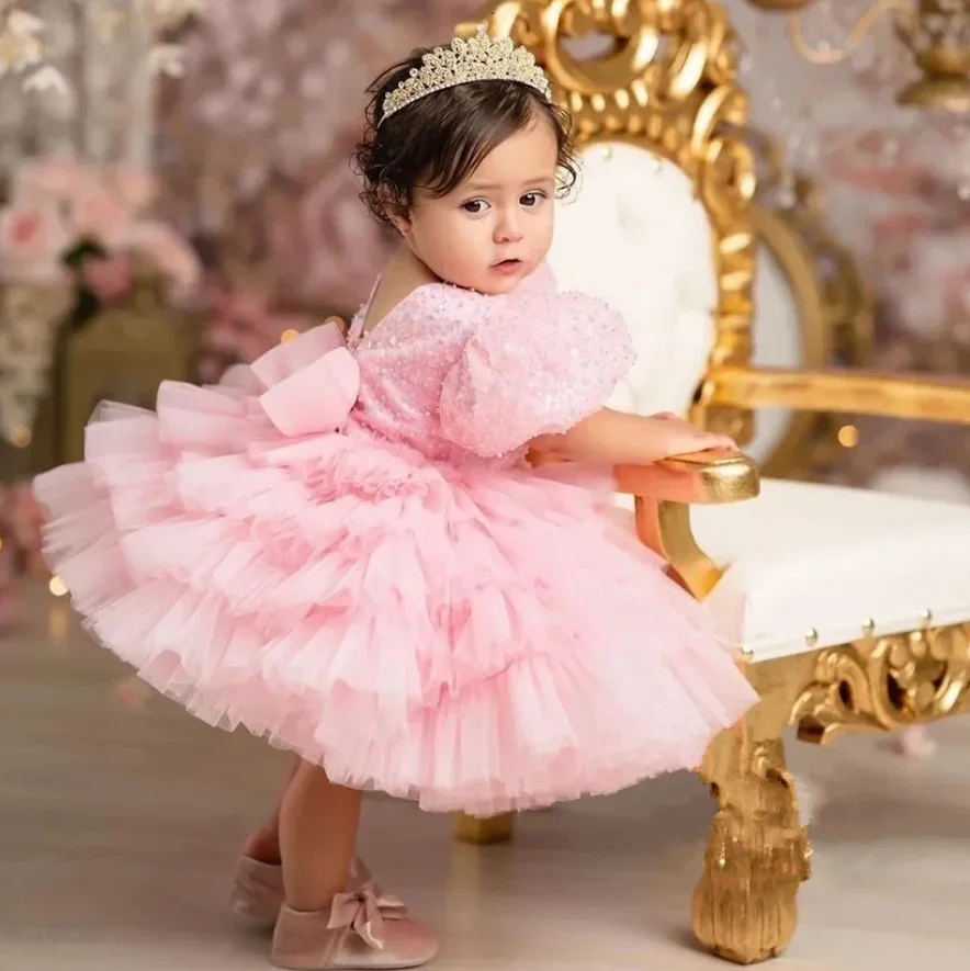 

New Pink Flower Girl Dress For Wedding Tutu Knee Length Tulle Short Sleeve Puffy Kids First Birthday Party Princess Gowns