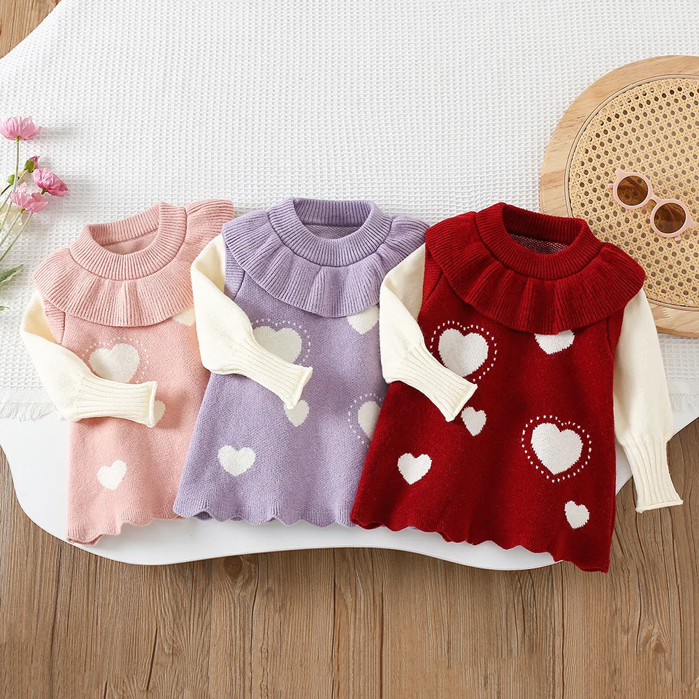 

2025 Autumn New Girls Dress Love Lotus Leaf Edge Knit Dress for Little Girls A Line Dresses Korean Style Children Clothes