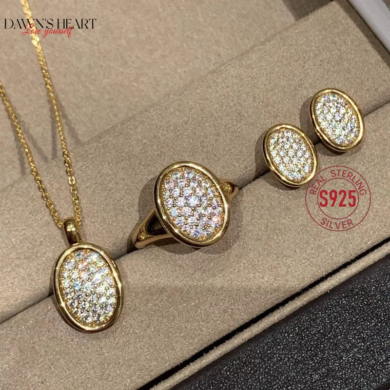 

New Medieval Style 925 Sterling Silver Flash Oval Ring Luxury Full Diamond Necklace Female Exquisite Earrings Vintage Choker