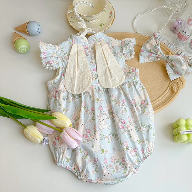 Summer Floral Baby Romper Cute Bunny Printed Newborn Jumpsuit for Girls Chinese Style Cheongsam Princess Birthday Clothes Gift