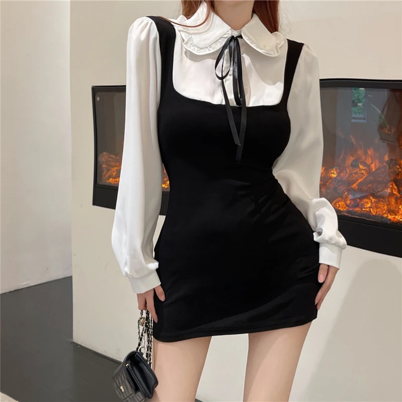 Estilo coreano camisa feminina vestido design de moda gola boneca manga comprida arco falso vestido de duas peças chique preto branco contraste vestido