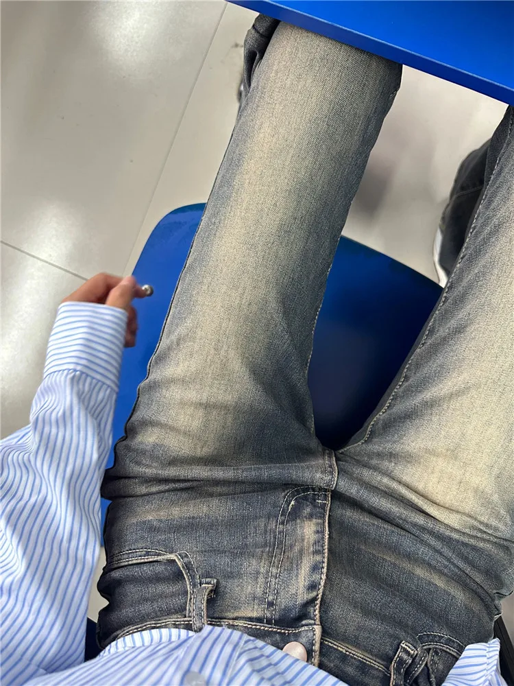 

American Retro Rock Grey Flared Jeans Women's High Waist Slim Elastic Long Floor-Length Pants High Street Style Autumn 2023