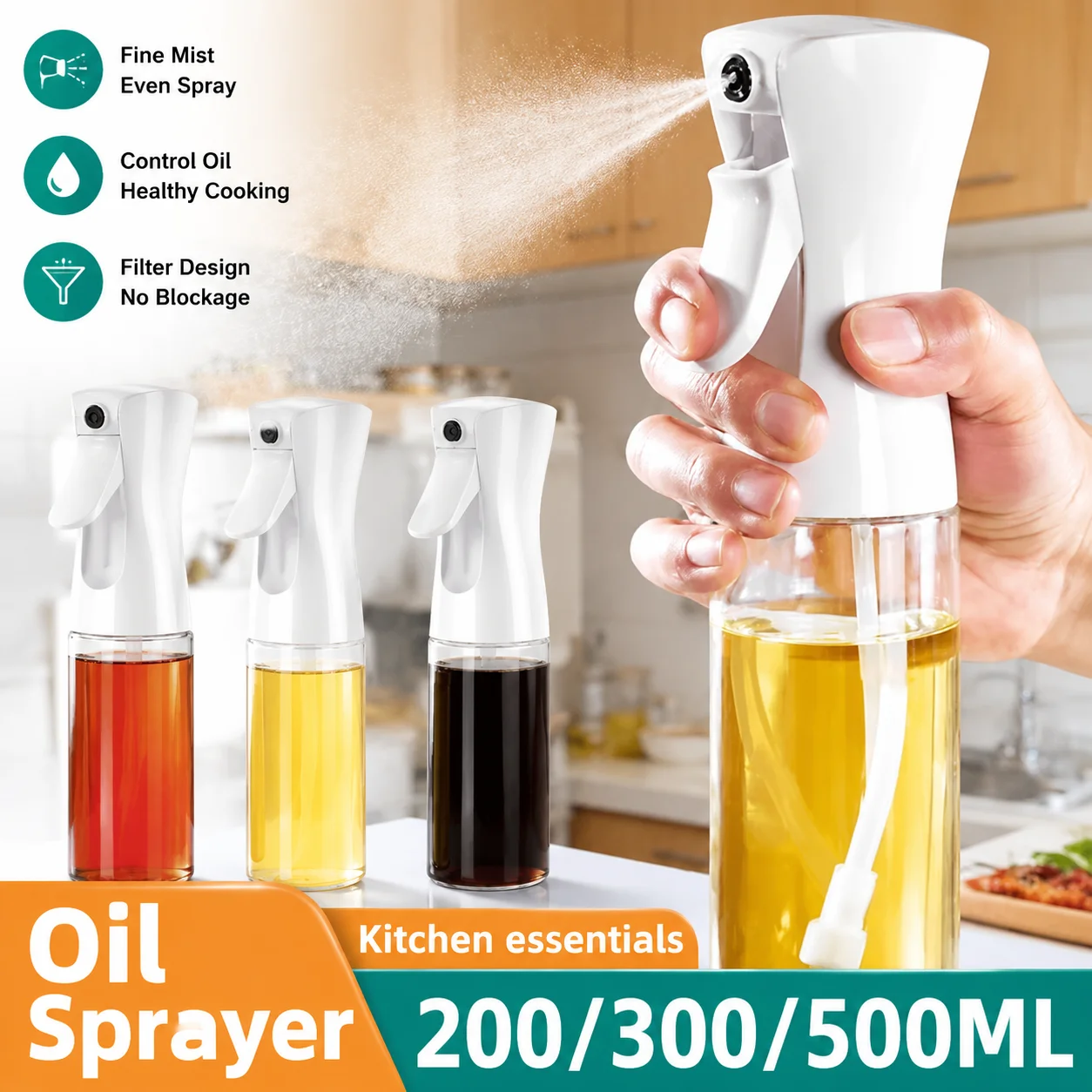 200/300/500ml Plastic Oil Spray Bottle, Nebulizing Mist Kitchen Cooking Oil Dispenser Brush For BBQ Baking Salad