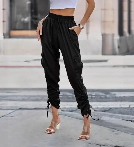 

Spring and Summer Solid Color High Waist Large Pocket Pleated Design Haren Pants Women's Trendy High Street Style Cropped Pants