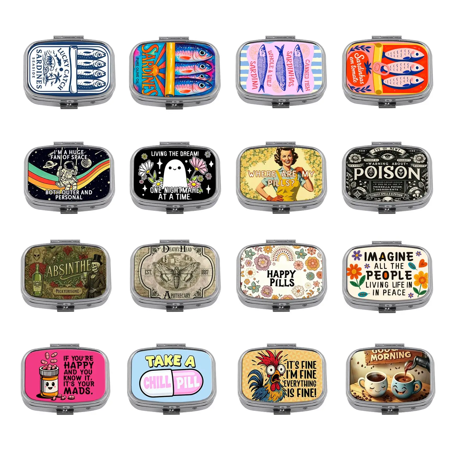 HAPPY PILLS Quote Mini Pill Box Tablet Holder Aesthetic Funny Print Divided Metal Case Travel Portable Small  Storage Container