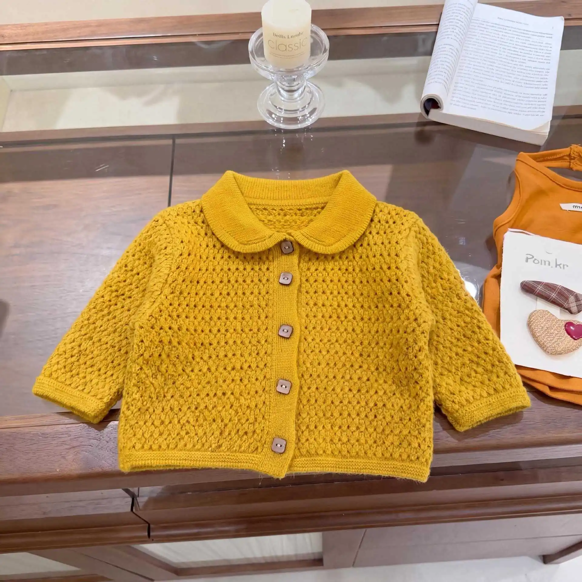 Girls' Set Spring Autumn Winter 2026 New Korean Baby Treasure Hollow Sweater Orange Cardigan Retro Checkered Wide Leg Pants