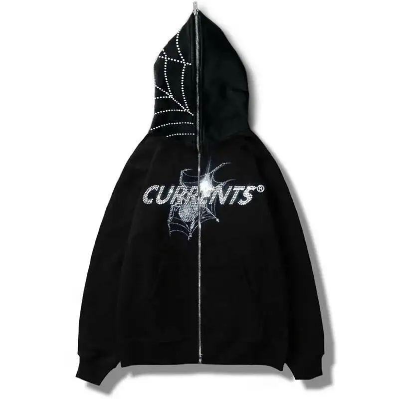

Unisex Hoodies High Street Casual Hip Hop Jacket Autumn Winter New Trendy Rhinestone Print Metal Zip Sweatshirt Cardigan