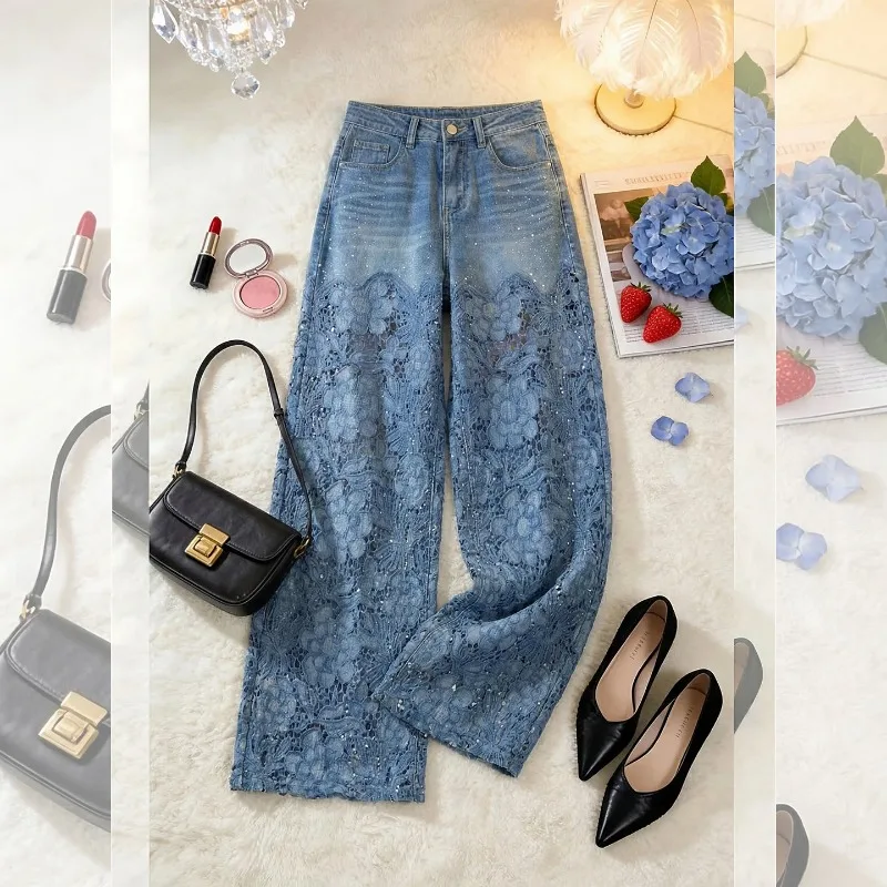 Ladies 2026 New High Waist Draped Denim Wide Leg Pants Hollow Out Lace Spliced Fashion Elegant Versatile Casual Long Trousers
