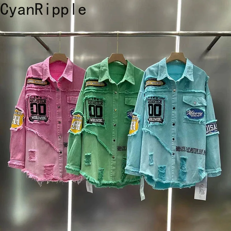 American High Street Hole Letters Printing Loose Cardigans Top New Spring Autumn Mid-long Denim Jacket Long Sleeve Casual Shirts