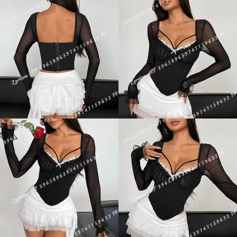 Black French Style Fishbone Corset Top Women See Through Mesh Lace Bustier Slim Fit Sexy Lingerie Inspired Crop Top