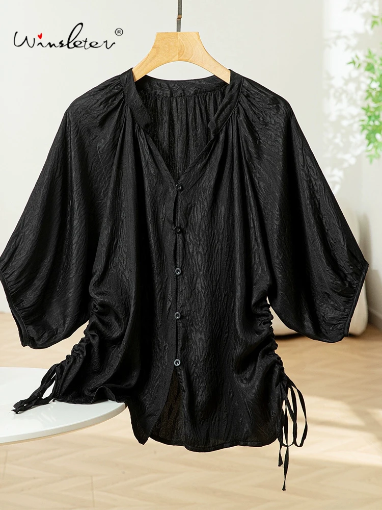 

Winsleter-Women 100%Real Silk Elegant Shirt, Lantern Sleeve Drawstring, Vintage Commute Loose Blouse, 2025 Summer New T55935CC