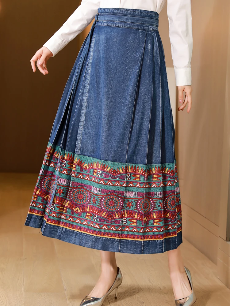 TIYIHAILEY Free Shipping 2024 New Fashion Long Maxi Denim Jeans Women Chinese Style Spring Autumn Elastic Print Pleated Skirts