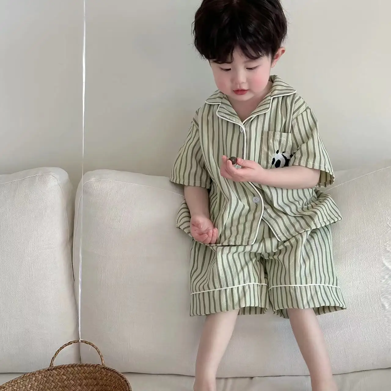 Children Summer Clothing Set Korean Boy Girl Fashion Striped Cotton Pajamas Kids Brief Soft Breathable Homewear Clothes