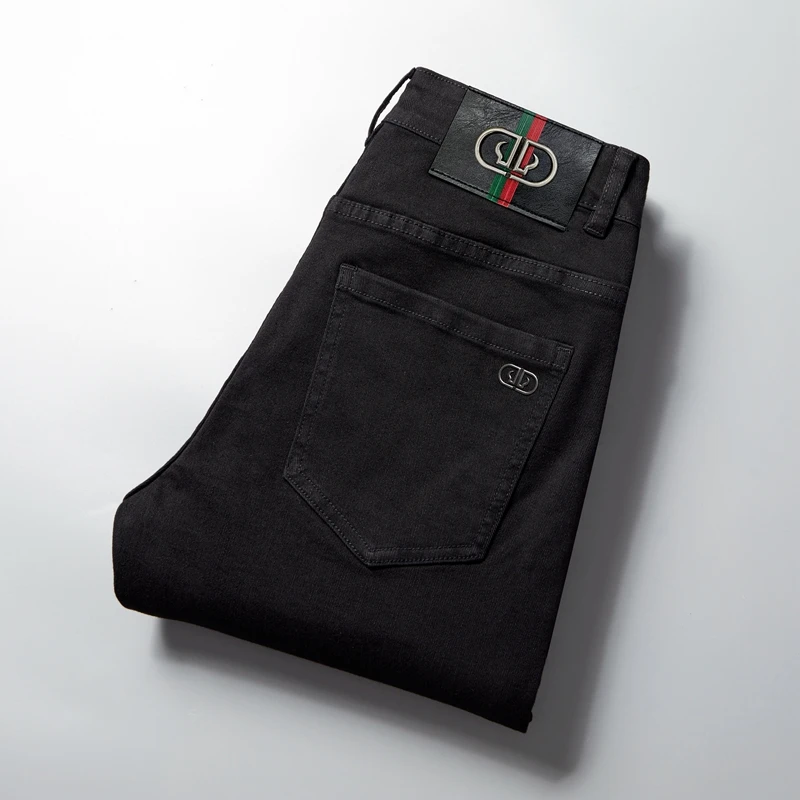 Pantalones vaqueros de color negro puro para hombre, pantalón clásico de alta gama, informal, combina con todo, para negocios, elásticos, 2024