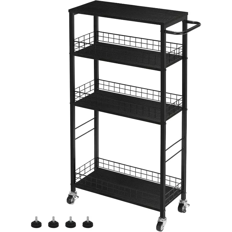 

Slim Storage Cart Kitchen Rolling Utility Cart on Wheels 4 Tier Mobile Narrow Cart with Wood and Metal Handle Slide Out Storage