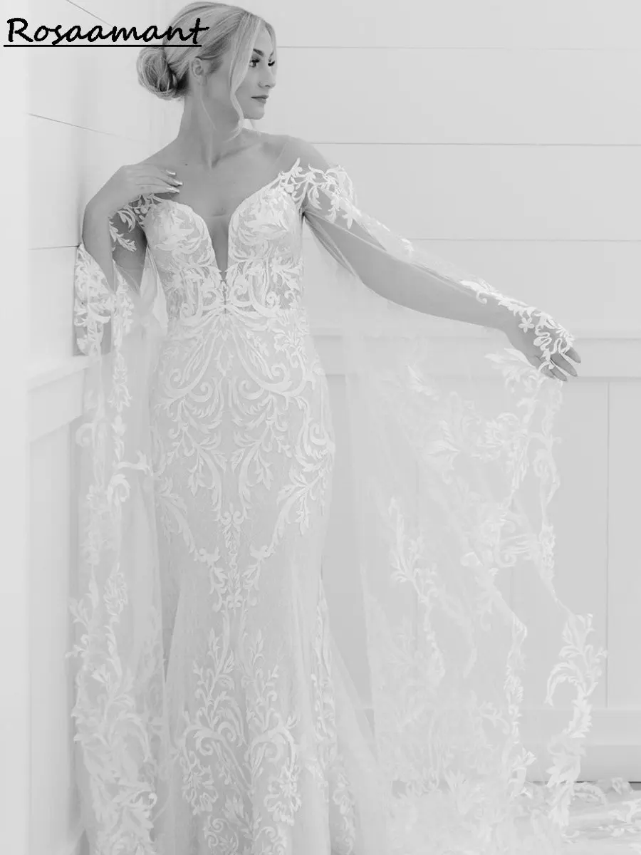 

Charming Long Flare Sleeve Mermaid Wedding Dresses Illusion Open Back Appliques Lace Bridal Gowns