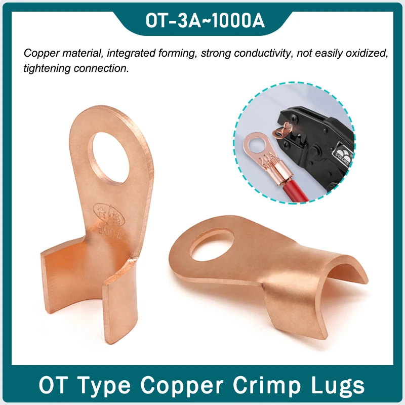 

2~50pcs Wire Terminals Open Mouth Copper Crimp Lugs 3A~1000A OT Type Red Bare Nose Battery Lug Ring Crimp Lug Cable Connector