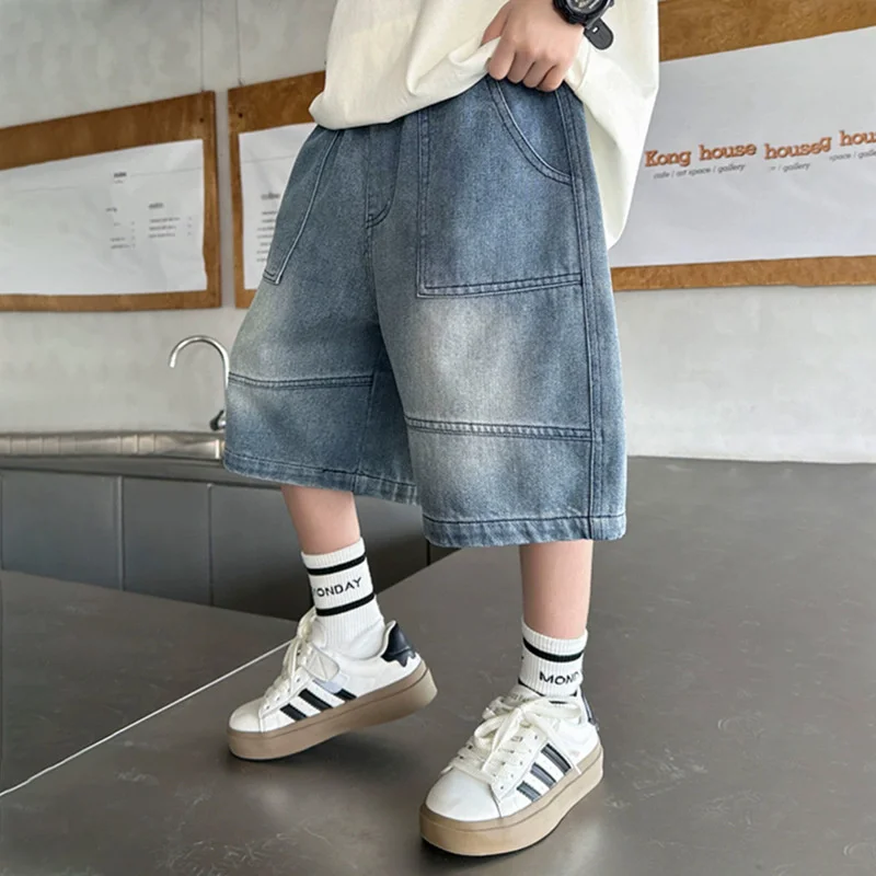 Boys Jeans Shorts Summer Children Knee Length Denim Pants New Teenager Trendy Wide-leg Shorts 2026 New Kids Casual Clothing view 5