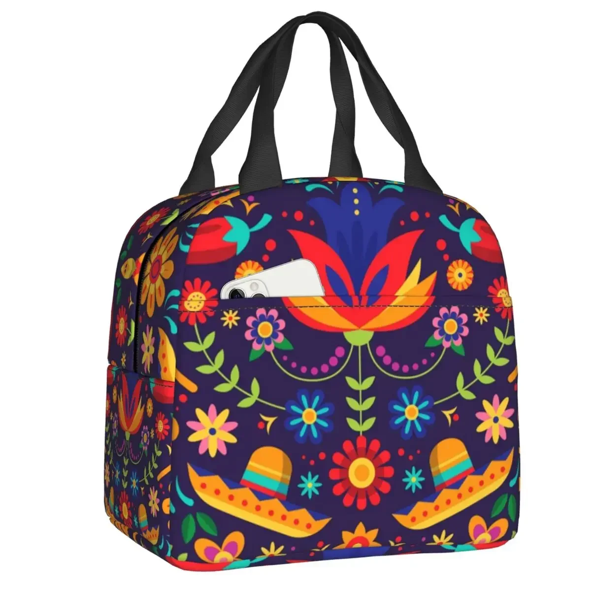 Mexican Floral Flowers Thermal Insulated Lunch Bag Women Mexico Portable Lunch Container for School Office Outdoor Food Box