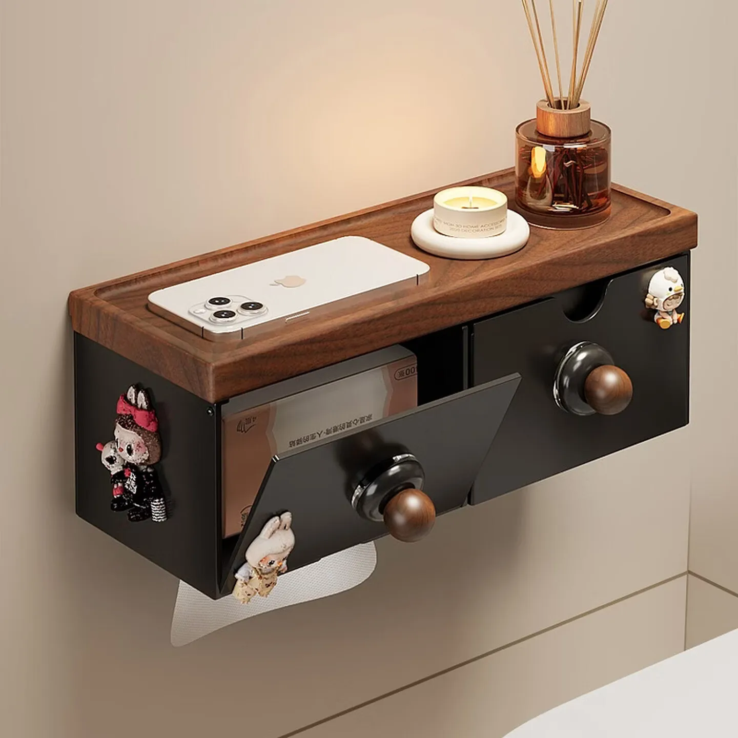 Walnut Toilet Paper Holder with Shelf, Waterproof Wall Mounted Bathroom Tissue Box, Smooth Dispensing Design