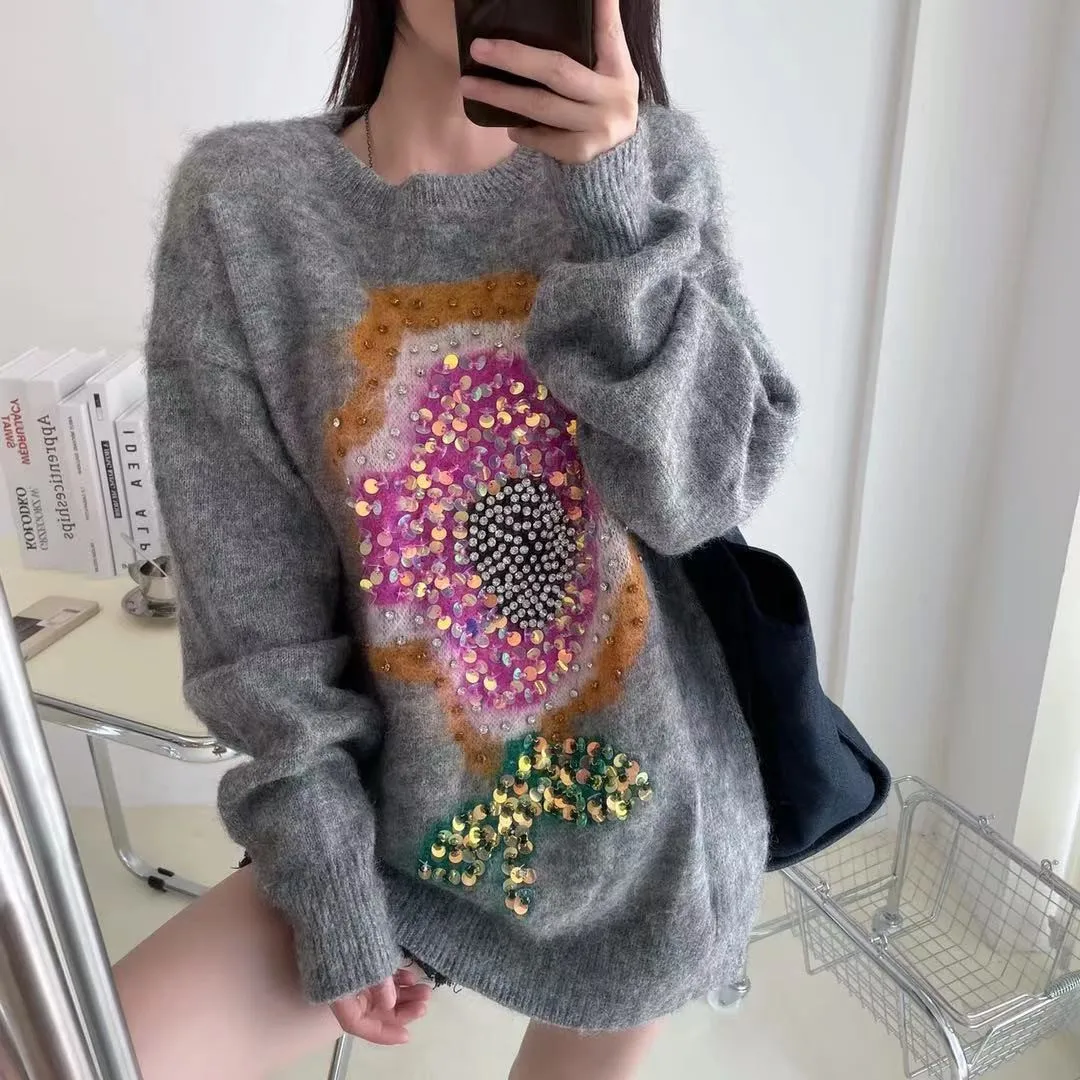 European Goods Autumn New Lazy Wind round Neck Diamond Loose Pullover Sweater Heavy Industry Mohair Sequin Flower Sweater