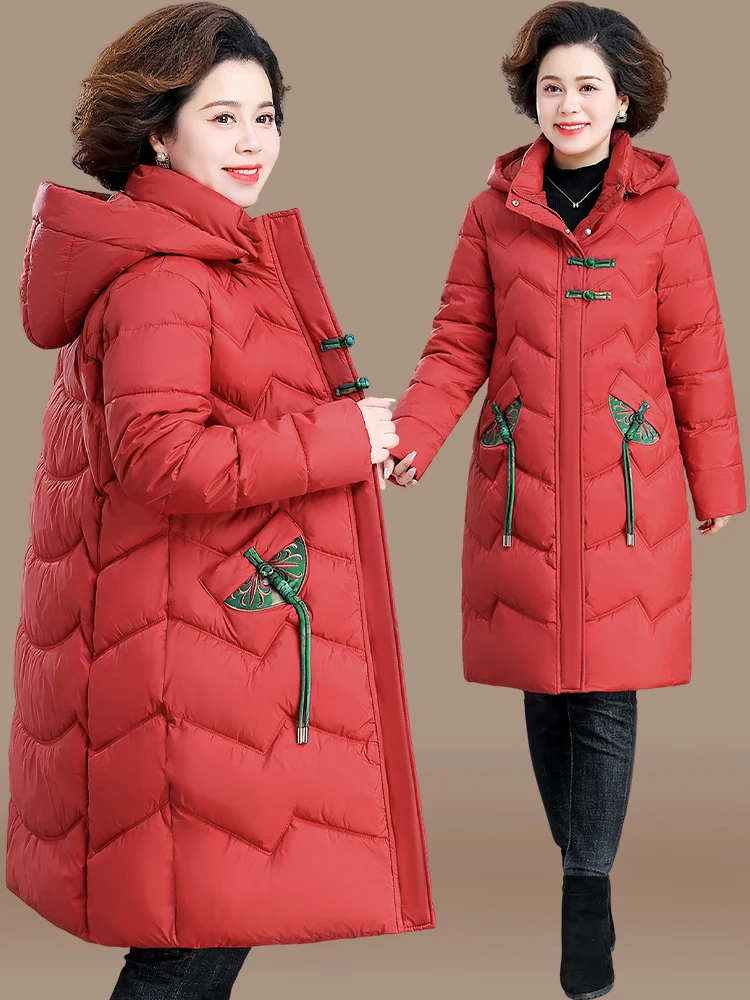 

Winter Jaet Women's Mid-Length down Cotton Coat Faionable Hooded Red Cotton Padded Coat for Middle-Aged And ly