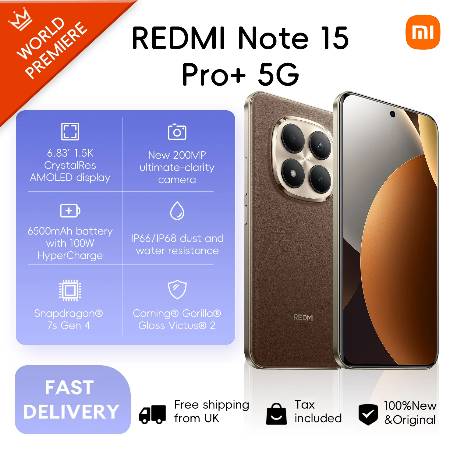 Xiaomi Redmi Note 15 Pro+ 5G 12+512GB Global Version Snapdragon® 7s Gen 4 6.83" 120Hz AMOLED Display 200MP Camera 6500mAh 100W