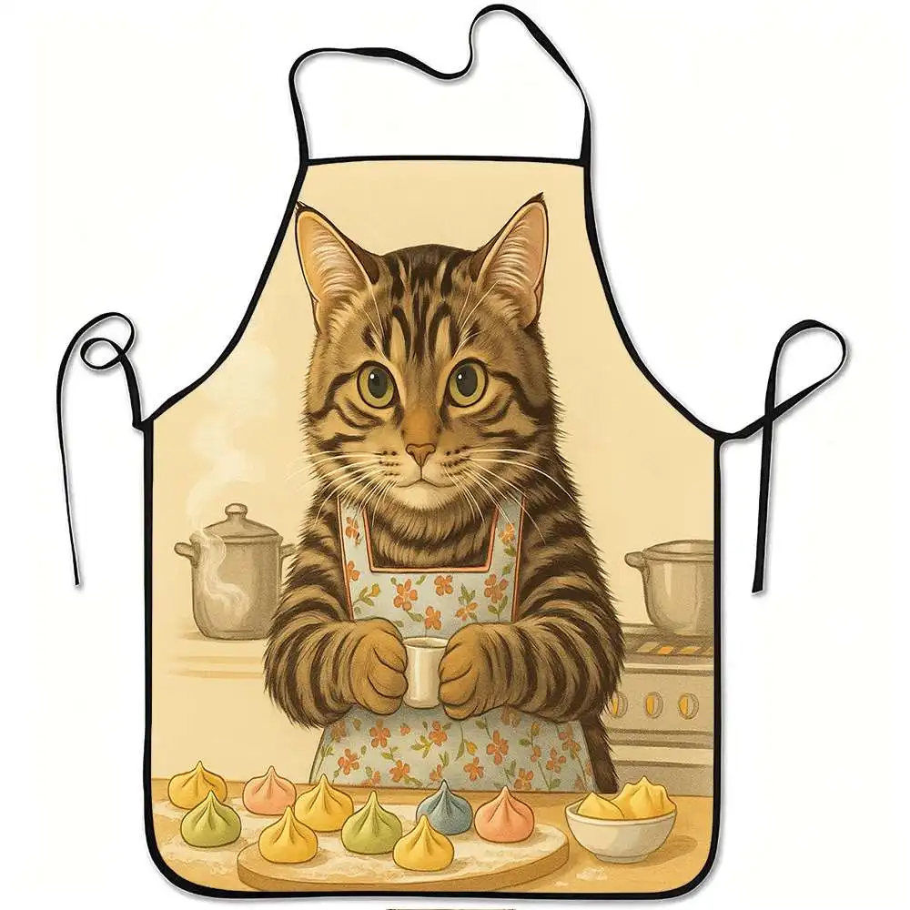 Cute Cat Baking Kitchen Apron - Funny Tabby Cat Pastry Chef Graphic Linen Bib for Women Men Cooking Baking Gift Home Decor