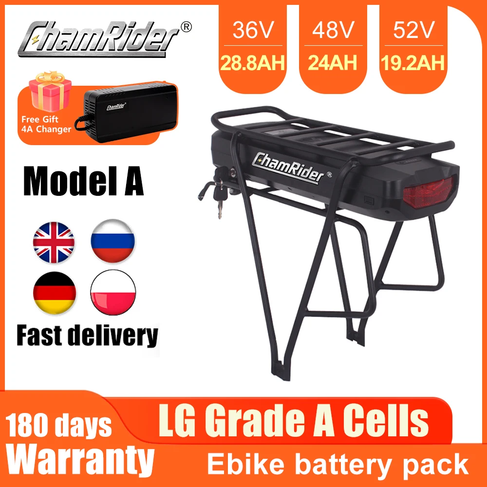 ChamRider Model A Rear Rack Battery 36V 52V EBike Battery 48V28.8AH 21700 Cell 50A BMS Lithium Battery Powerful Capacity