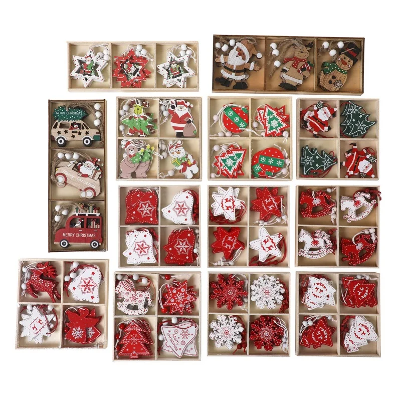 12 قطعة/المجموعة الخشب الخالص عيد الميلاد الديكور مجموعة مع الأيائل جرس ندفة الثلج نجوم-الخشب قلادة شجرة عيد الميلاد لوازم الديكور #6