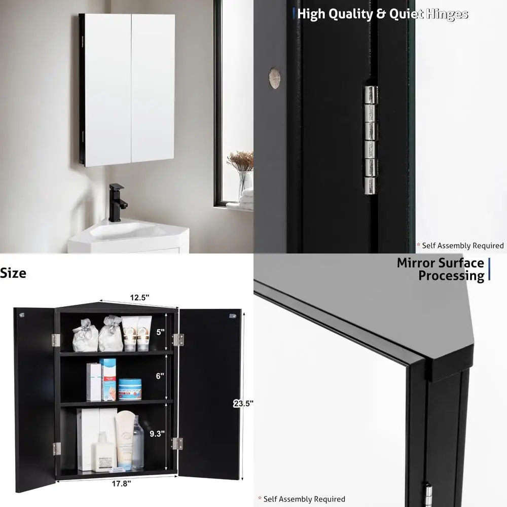 خزانة أدوية مثبتة على الحائط مع مرآة وأرفف ثلاثية للحمام باللون الأسود